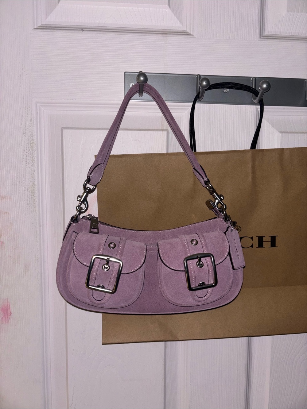 Coach Lavender Suede Shoulder Bag with Buckle Front Pockets
